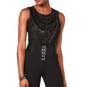 GUESS Small Black Bodysuit Rhinestone-Embellished Sheer Nolah Bodysuit